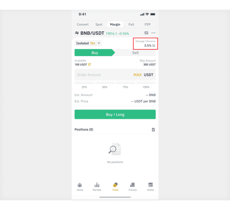 slippage tolerance indicator in Binance trading exchange interface