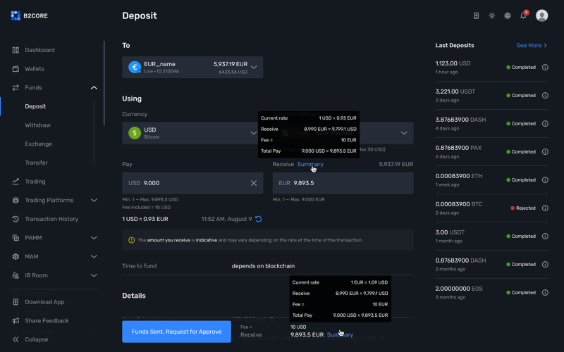 fee breakdown during deposits and withdrawals