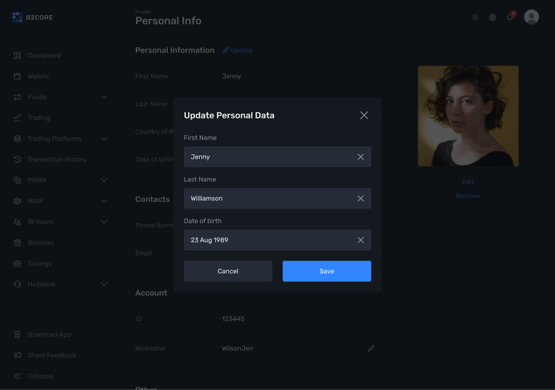 personal data update in B2CORE personal data update in B2CORE